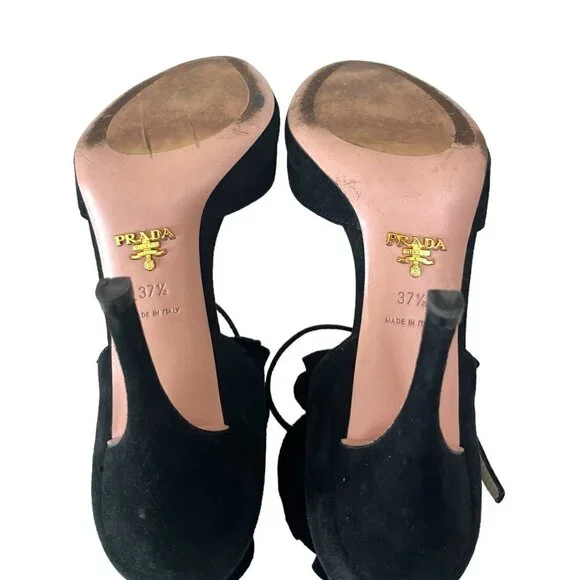 PRADA Open Toe Ruffle Suede Strap Ankle Heel Sandals Women's Size 7 Prom Formal - Picture 7 of 16